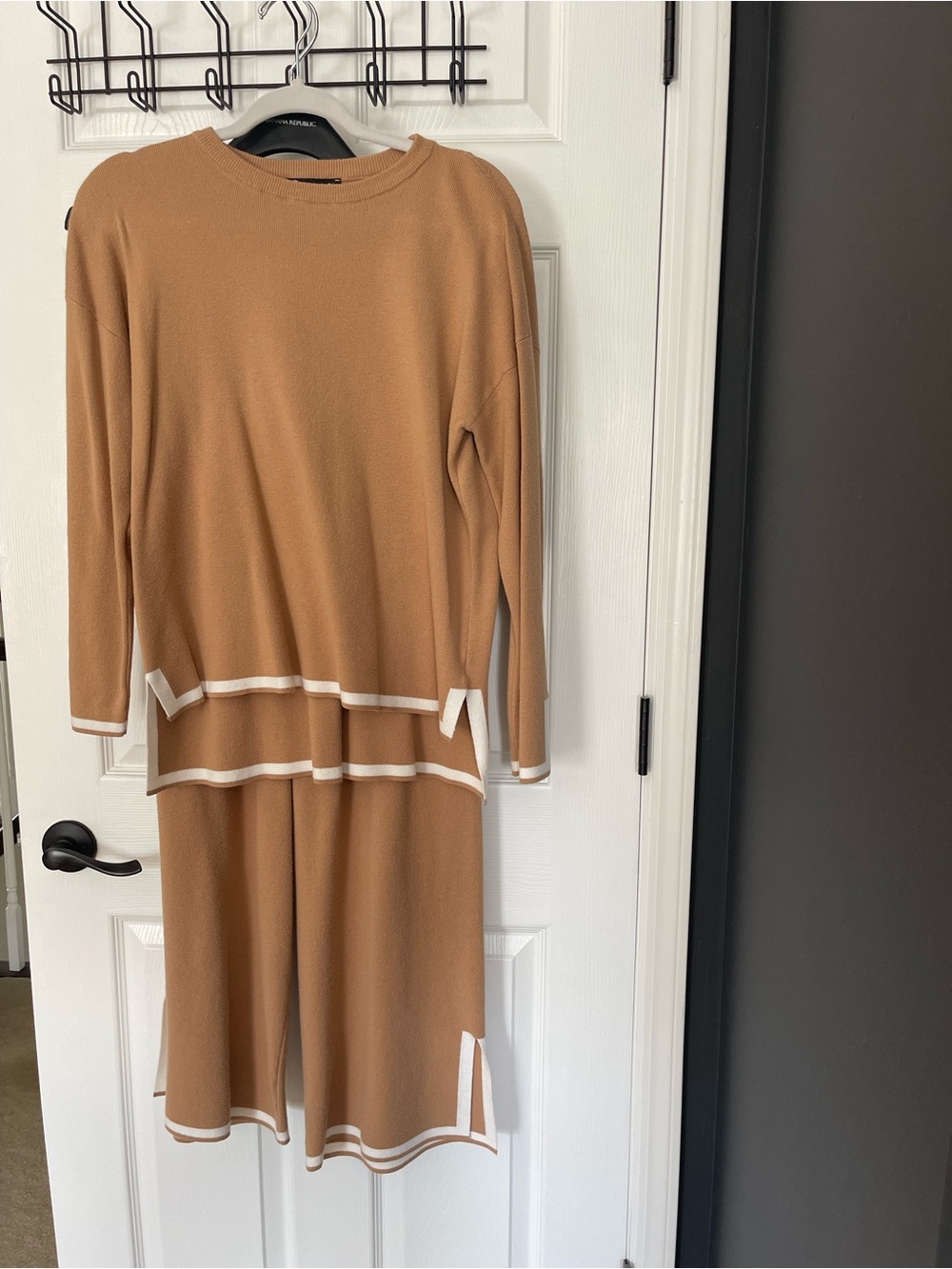 Womens Camel Knit Two-Piece Sweater Set with Ivory Trim